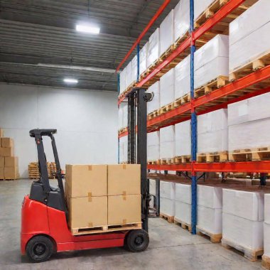 warehouse of a large red boxes with white and black boxes on the shelves in the warehouse. clipart