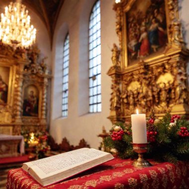 Close-up of religious text and small candle arrangements, wide view of the Christmas Eve church altar clipart