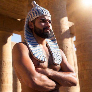 portrait of a handsome male in a ancient egyptian temple with a large egyptian god clipart