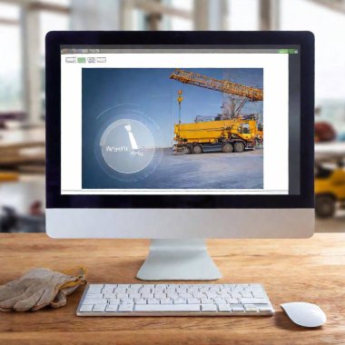 computer screen in construction site with image of construction tool rental www site clipart