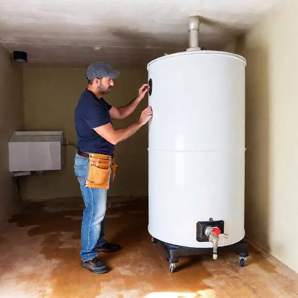 Show Man Working Four Foot Tall Gallon Hot Water Tank — Stock Photo, Image