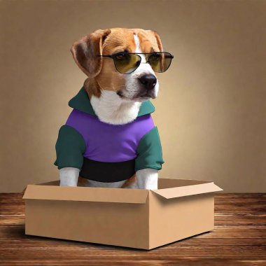 dog dressed as a cardboard in a suitcase with a cardboard clipart