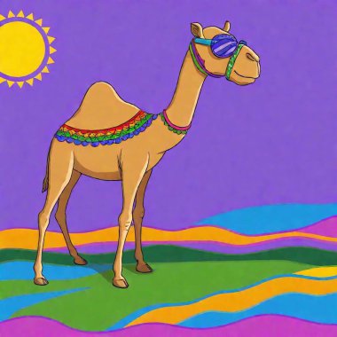 A primary colors cartoon style art piece showcasing a camel wearing dark blue round sunglasses. BRIGHT purple, orange, green and blue patterns, add a vibrant pop of color. The scene exudes a sense of cartoonish and modernity, with a touch of Pop clipart