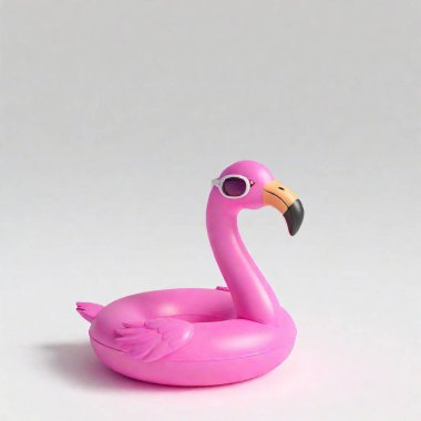 3D art of a funny flamingo with sunglasses, headphones and an inflatable swimming ring. The flamingo is in pink cartoon form. White background. The scene exudes a sense of modernity and digital culture and wit, 3D render. clipart