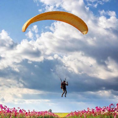 paraglider flying over the field with a beautiful blue sky background clipart