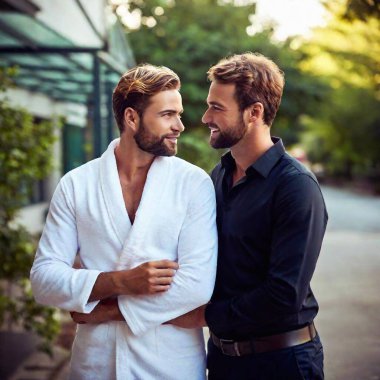 icy background, two men looking lovingly at one another, one light blond, the other dark haired, handsome men, one in flowing white robes the other in black shirt and pants, gay men, love clipart