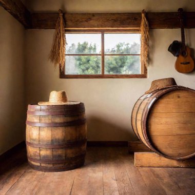 Create an image with a rustic country-style setting. Include elements like wooden barrels, a cowboy hat, an acoustic guitar leaning against one of the barrels, and a hanging rope loop. The bottom should be aged wood to give it an authentic saloon clipart