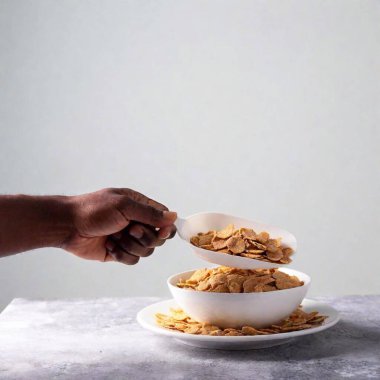 a black hand holding a scoop of cereal with milk, on the side view, full arm clipart