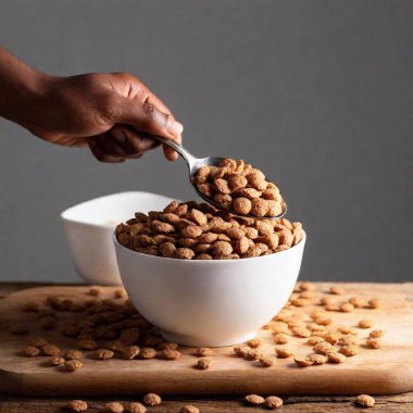 a black hand holding a scoop of cereal with milk, on the side view, full arm clipart