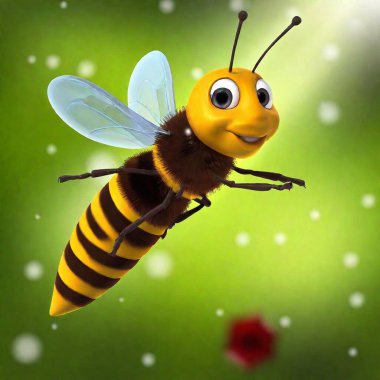 funny yellow bee on yellow background - 3 d illustration clipart