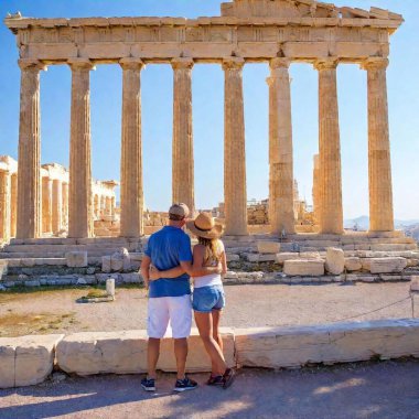 A middle-aged couple of American tourists enjoying the view of the Parthenon in Athens, dslr clipart