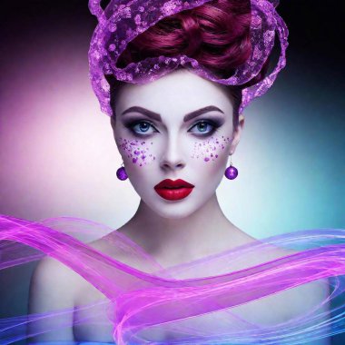 woman in purple and purple with colorful feathers and makeup. clipart