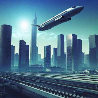 A breathtaking view of a futuristic city, illuminated by bright neon lights and towering skyscrapers. The cityscape includes flying cars zipping through the air, and a monorail gliding above the streets. The buildings are a fusion of glass, steel clipart