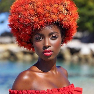 beautiful woman in bright red and black hat, african american model with bright make up and stylish hairstyle. fashion model in stylish red dress. clipart