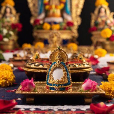 Illustrate a macro view of an altar for the Virgin of Guadalupe, using a flatlay perspective with shallow focus. Focus on detailed aspects of specific altar decorations or offerings, with the overall scene softly fading into the background clipart