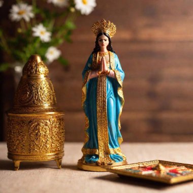 Create a macro image of a Virgin of Guadalupe altar, captured from a flatlay angle with shallow focus. Highlight detailed elements like religious artifacts or floral decorations, with the rest of the altar scene softly out of focus clipart