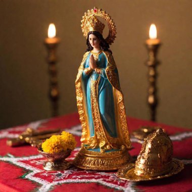 Generate a macro shot of an altar for the Virgin of Guadalupe, taken from a flatlay perspective with shallow focus. Emphasize the close-up details of key altar items, such as candles and icons, with the remaining scene gently blurred clipart