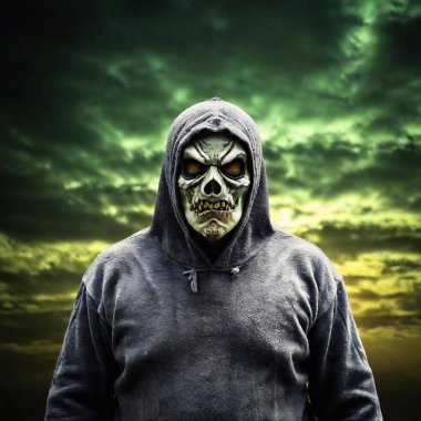 scary zombie man with mask and misty landscape background clipart