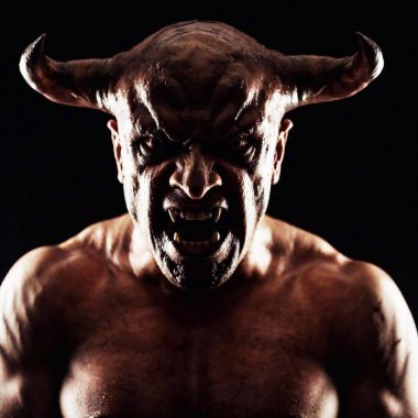 angry man with red horns in a dark background. clipart