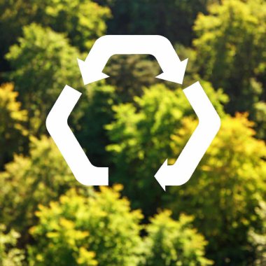 Recycle white symbol on the forest background, 8bit, tilt shift photography, from above clipart