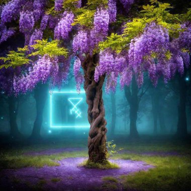 a wisteria tree in a magical dark forest with a neon bouquet of flowers, with runic signs on the trunk clipart