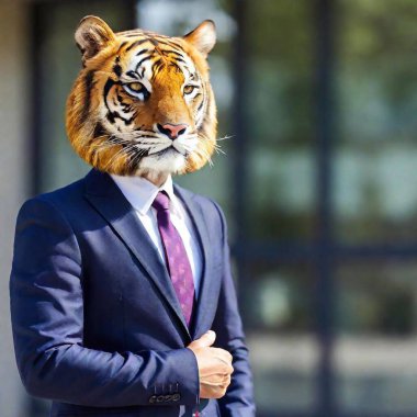 portrait of handsome young businessman wearing suit with big eyes and big tiger in the city park clipart