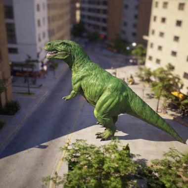 T-rex exploring city , very detailed, full 8k wide focus, from above clipart