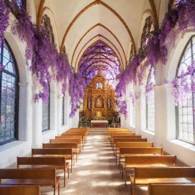 interior of a Victorian church in the form of a business center, surrounded by many flowers and wisteria trees clipart