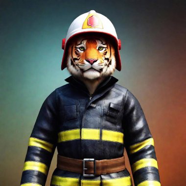 3 d rendering of a tiger with a big helmet on a dark background clipart