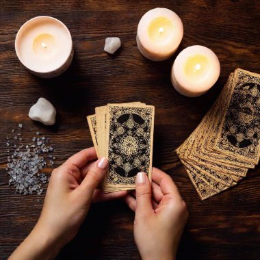 flat lay of tarot, candles, crystals, magic atmosphere clipart