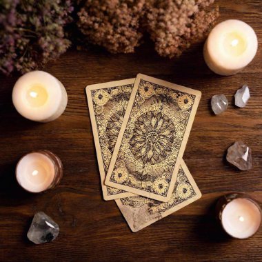 flat lay of tarot, candles, crystals, magic atmosphere clipart