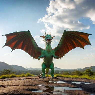 DRAGON, SCALY CLOTHING, D ON CHEST, GREEN, GOLD, BLACK, HUMAN ARMS, HUMAN LEGS, HUMAN TORSO, STANDING UPRIGHT,  LARGE WINGS, MOUNTAIN PEAK, BREATHING FIRE clipart