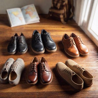 Create an image of various comfortable travel shoes neatly arranged on a wooden floor. Include styles like sneakers, hiking boots, sandals, and loafers in different colors. In the background, add a world map, backpack, and camera to suggest travel clipart