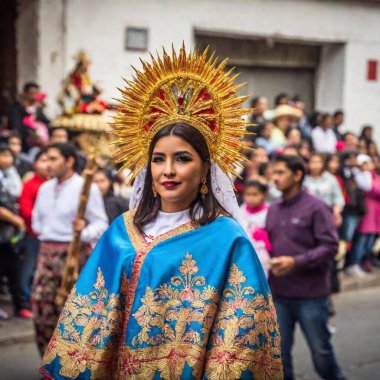 Crowd of people with icon with image of Virgin of Guadalupe during a parade on Guadalupe Day, Colorful Guadalupe Day celebrations, Virgin of Guadalupe Day (Mexico) clipart