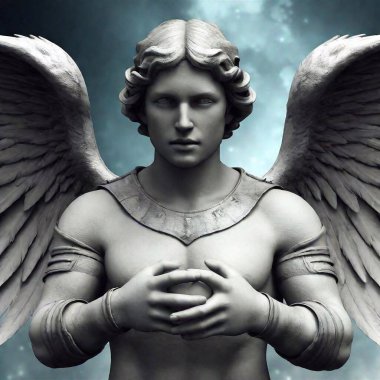 a male angel with wings in a heart shape and wearing armour clipart