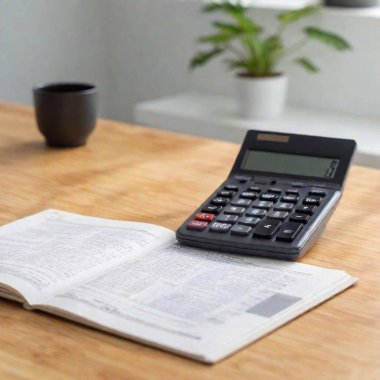 close up of a calculator and a pen on a wooden table clipart