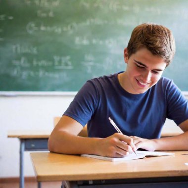 young boy studying in classroom clipart