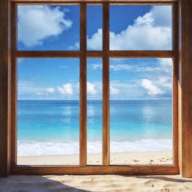 a photorealistic image of a dark wooden window frame with a beautiful view of the ocean with a smooth sandy beach, bright blue sky with fluffy clouds clipart