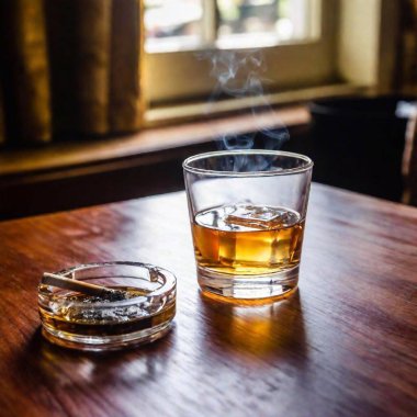 glass of whiskey with ice on wooden table clipart