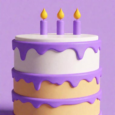 round two layer birthday cake made of white cake with lavendar frosting on top that drips evenly down the sides  and three purple candles with a thick diagonal white stripe, rendered in 3D cute game art style, simple icon stlye, rendered on a clipart