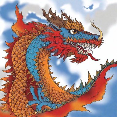 highly detailed side view of a two dimensional spray paint tattoo abstract graffiti style chinese dragon with lots of brush strokes and paint spatters in shades of red and orange and blue and gold with a white background fit the whole dragon in clipart