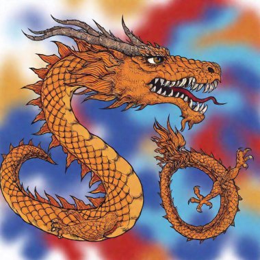 highly detailed side view of a two dimensional spray paint tattoo abstract graffiti style chinese dragon with lots of brush strokes and paint spatters in shades of red and orange and blue and gold with a white background fit the whole dragon in now clipart