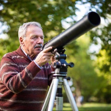 portrait of a senior man looking through binoculars at the park clipart