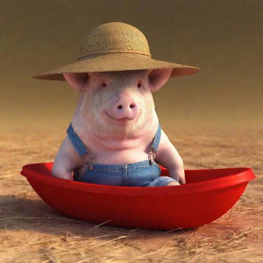 pig sitting in a small red boat, large straw hat, Bib overalls, cute, hyper detailed, ultra high definition. clipart