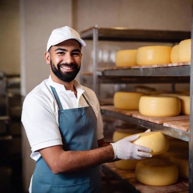 young baker in a apron with fresh organic cheese in his hands. clipart