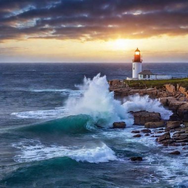 real looking image of a lighthouse standing strong and shining it's light while dangerous waves crash all around it at night clipart