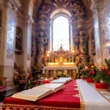 Close-up of religious text and small candle arrangements, wide view of the Christmas Eve church altar clipart