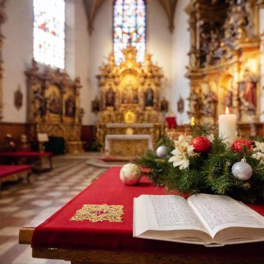 Close-up of religious text and small candle arrangements, wide view of the Christmas Eve church altar clipart