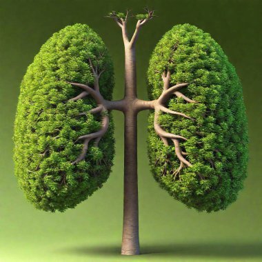 A tree shaped like the human lung with green leaves and no windpipe, photorealistic clipart