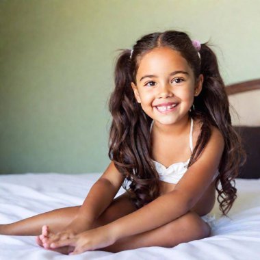 portrait of cute little child girl with curly long hair in a white dress lying in bed at home clipart